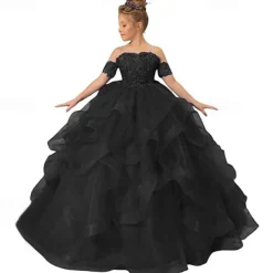 Flower Girl Dress Kid's Girls' Princess Dress Performance Wedding Party Elegant Beautiful Mesh Solid Color Sleeveless Off Shoulder Light Pink Wine Red 4 years+