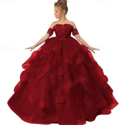 Flower Girl Dress Kid's Girls' Princess Dress Performance Wedding Party Elegant Beautiful Mesh Solid Color Sleeveless Off Shoulder Light Pink Wine Red 4 years+