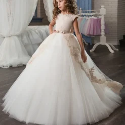 Flower Girl Dress Kid's Girls' Princess Dress First Communion Dress Performance Wedding Party Elegant Beautiful Mesh Solid Color Sleeveless Crew Neck Light Yellow White 4 years+