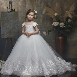 Flower Girl Dress Kid's Girls' Princess Dress Performance Wedding Party Elegant Beautiful Mesh Solid Color Sleeveless Off Shoulder White 4 years+