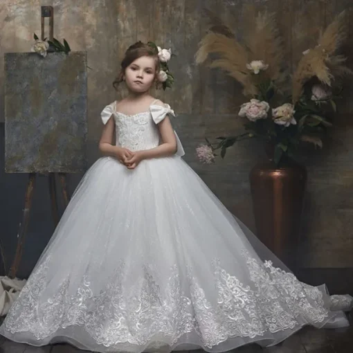 Flower Girl Dress Kid's Girls' Princess Dress Performance Wedding Party Elegant Beautiful Mesh Solid Color Sleeveless Off Shoulder White 4 years+