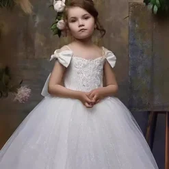 Flower Girl Dress Kid's Girls' Princess Dress Performance Wedding Party Elegant Beautiful Mesh Solid Color Sleeveless Off Shoulder White 4 years+