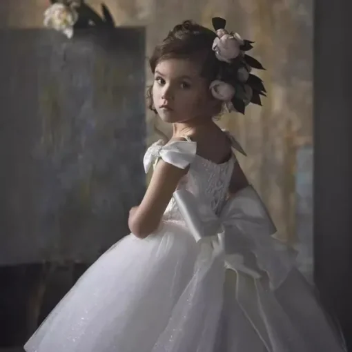 Flower Girl Dress Kid's Girls' Princess Dress Performance Wedding Party Elegant Beautiful Mesh Solid Color Sleeveless Off Shoulder White 4 years+