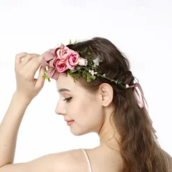 Flower Headband Rose Floral Boho Wreath Garland Hair Hoop Bohemian Headdress Headwear Headpiece Women Girls Crown Leaf Hair Bands Party Decoration Cosplay Costume Handmade Hair Accessories Champagne
