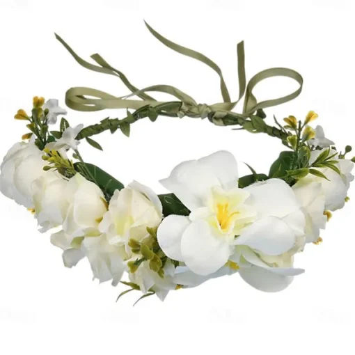 Flower Headband Rose Floral Boho Wreath Garland Hair Hoop Bohemian Headdress Headwear Headpiece Women Girls Crown Leaf Hair Bands Party Decoration Cosplay Costume Handmade Hair Accessories Champagne