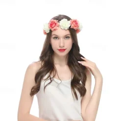 Flower Headband Rose Floral Boho Wreath Garland Hair Hoop Bohemian Headdress Headwear Headpiece Women Girls Crown Leaf Hair Bands Party Decoration Cosplay Costume Handmade Hair Accessories Champagne