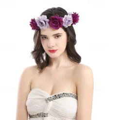 Flower Headband Rose Floral Boho Wreath Garland Hair Hoop Bohemian Headdress Headwear Headpiece Women Girls Crown Leaf Hair Bands Party Decoration Cosplay Costume Handmade Hair Accessories Champagne