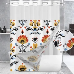 Flower Waffle-Weave Textured Shower Curtain Set with Snap-in Liner Sheer Window Water-Repellent Polyester Blend Fabric,Grommet Top,120GSM Hotel Quality Spa Style Bathroom Partition No Hooks Required