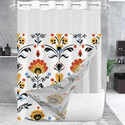 Flower Waffle-Weave Textured Shower Curtain Set with Snap-in Liner Sheer Window Water-Repellent Polyester Blend Fabric,Grommet Top,120GSM Hotel Quality Spa Style Bathroom Partition No Hooks Required