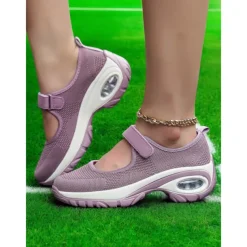 Flyknit Mesh Slip-On Sneakers for Women – Comfortable Velcro Strap Sport Shoes with Air Cushion Sole for Walking and Everyday Wear