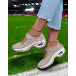 Flyknit Mesh Slip-On Sneakers for Women – Comfortable Velcro Strap Sport Shoes with Air Cushion Sole for Walking and Everyday Wear