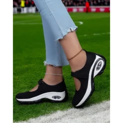 Flyknit Mesh Slip-On Sneakers for Women – Comfortable Velcro Strap Sport Shoes with Air Cushion Sole for Walking and Everyday Wear