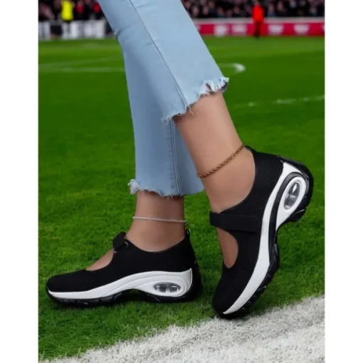 Flyknit Mesh Slip-On Sneakers for Women – Comfortable Velcro Strap Sport Shoes with Air Cushion Sole for Walking and Everyday Wear