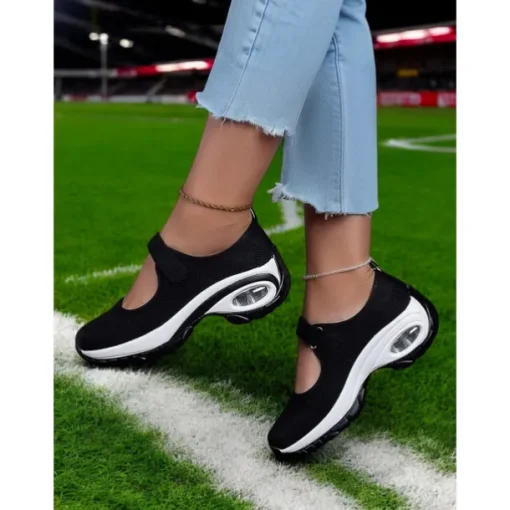 Flyknit Mesh Slip-On Sneakers for Women – Comfortable Velcro Strap Sport Shoes with Air Cushion Sole for Walking and Everyday Wear