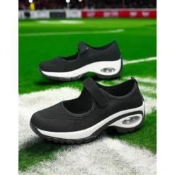 Flyknit Mesh Slip-On Sneakers for Women – Comfortable Velcro Strap Sport Shoes with Air Cushion Sole for Walking and Everyday Wear