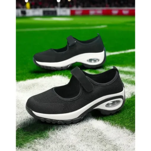 Flyknit Mesh Slip-On Sneakers for Women – Comfortable Velcro Strap Sport Shoes with Air Cushion Sole for Walking and Everyday Wear