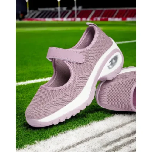 Flyknit Mesh Slip-On Sneakers for Women – Comfortable Velcro Strap Sport Shoes with Air Cushion Sole for Walking and Everyday Wear
