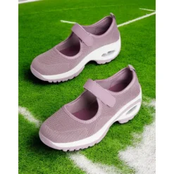 Flyknit Mesh Slip-On Sneakers for Women – Comfortable Velcro Strap Sport Shoes with Air Cushion Sole for Walking and Everyday Wear