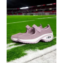 Flyknit Mesh Slip-On Sneakers for Women – Comfortable Velcro Strap Sport Shoes with Air Cushion Sole for Walking and Everyday Wear