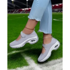 Flyknit Mesh Slip-On Sneakers for Women – Comfortable Velcro Strap Sport Shoes with Air Cushion Sole for Walking and Everyday Wear