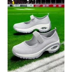 Flyknit Mesh Slip-On Sneakers for Women – Comfortable Velcro Strap Sport Shoes with Air Cushion Sole for Walking and Everyday Wear