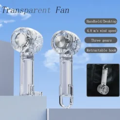 Foldable Desktop & Handheld Transparent Fan – 3-Speed Turbo Cooling, Quiet Operation, Retractable Hook, Portable Clear Design for Outdoor & Indoor Use