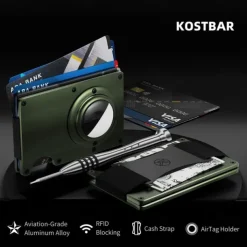 For AirTag Wallet for Men Minimalist Slim RFID Blocking Air Tag Holder Front Pocket Metal Wallet Card Holder with Cash Strap