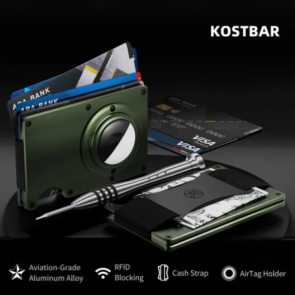 For AirTag Wallet for Men Minimalist Slim RFID Blocking Air Tag Holder Front Pocket Metal Wallet Card Holder with Cash Strap