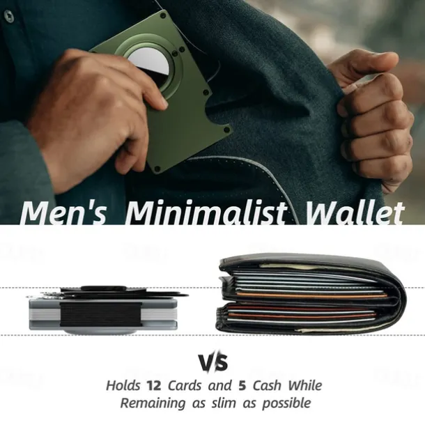For AirTag Wallet for Men Minimalist Slim RFID Blocking Air Tag Holder Front Pocket Metal Wallet Card Holder with Cash Strap