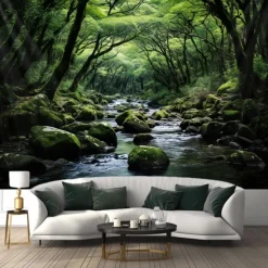 Forest River Hanging Tapestry Wall Art Large Tapestry Mural Decor Photograph Backdrop Blanket Curtain Home Bedroom Living Room Decoration