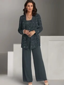 Formal Pantsuit Beach Wedding 3 Piece Mother of the Bride Elegant Jewel Neck Chiffon Long Sleeve Wrap Included Lace Embroidery Solid Color