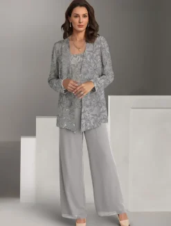 Formal Pantsuit Beach Wedding 3 Piece Mother of the Bride Elegant Jewel Neck Chiffon Long Sleeve Wrap Included Lace Embroidery Solid Color