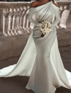 Formal Wedding Dresses Two Piece One Shoulder Long Sleeve Floor Length Satin Bridal Gowns With Sash / Ribbon Beading