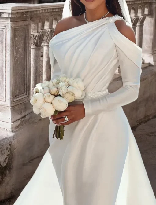 Formal Wedding Dresses Two Piece One Shoulder Long Sleeve Floor Length Satin Bridal Gowns With Sash / Ribbon Beading