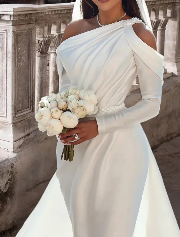 Formal Wedding Dresses Two Piece One Shoulder Long Sleeve Floor Length Satin Bridal Gowns With Sash / Ribbon Beading