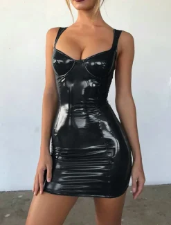 FormalLeather Homecoming Party Wear Club Dress Low Cut Sleeveless Short / Mini Bodycon Dress Spandex with Sleek dress to impress