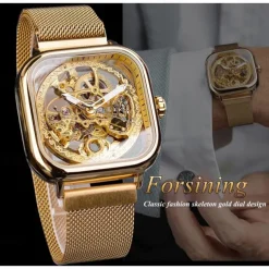 Forsining Golden Men Automatic Watch Square Skeleton Mesh Steel Band Mechanical Business Clock Relogio Masculino