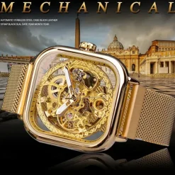 Forsining Golden Men Automatic Watch Square Skeleton Mesh Steel Band Mechanical Business Clock Relogio Masculino