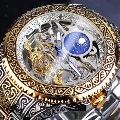FORSINING Men Mechanical Watch Retro Vintage Luxury Large Dial Fashion Hollow Skeleton Automatic Self-winding Moon phase Luminous Stainless Steel Strap Watch