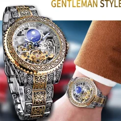 FORSINING Men Mechanical Watch Retro Vintage Luxury Large Dial Fashion Hollow Skeleton Automatic Self-winding Moon phase Luminous Stainless Steel Strap Watch