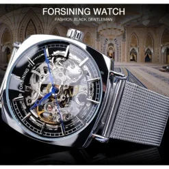 FORSINING Men Mechanical Watch Large Dial Fashion Business Wristwatch Hollow Skeleton Automatic Self-winding Luminous Waterproof Alloy Leather Watch