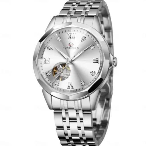 FORSINING Men Mechanical Watch Luxury Large Dial Fashion Business Hollow Skeleton Automatic Self-winding Luminous Waterproof Steel Watch