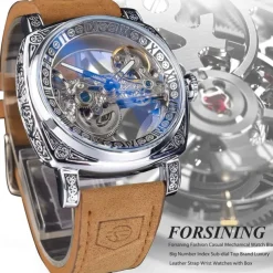 FORSINING Women Men Mechanical Watch Luxury Large Dial Fashion Business Hollow Skeleton Automatic Self-winding Luminous Waterproof Leather Strap Watch