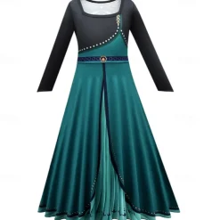 Frozen Princess Anna Kids Girls' Dress Solid Color Party Dress Dress Performance Crew Neck Long Sleeve Princess Dress 3-10 Years Winter Light Green