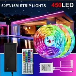 49.2ft LED RGB Light Strips 3x5m 5050 SMD 450 Leds Waterproof 10mm Fexible Strip Light Tape Color Changing with 44key IR Remote Controller Kit DC 12V