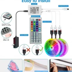 49.2ft LED RGB Light Strips 3x5m 5050 SMD 450 Leds Waterproof 10mm Fexible Strip Light Tape Color Changing with 44key IR Remote Controller Kit DC 12V