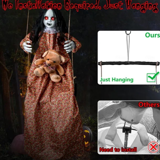3.75ft Scary Halloween Decoration Outdoor, Halloween Hanging Swinging Girl, Sound and Touch Activated/Creepy Sounds/Light Up Eyes Scary Expression, Halloween Decoration Props, Suitable for Indoor and