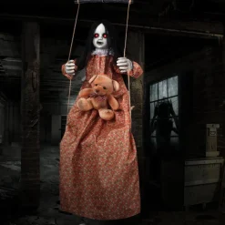 3.75ft Scary Halloween Decoration Outdoor, Halloween Hanging Swinging Girl, Sound and Touch Activated/Creepy Sounds/Light Up Eyes Scary Expression, Halloween Decoration Props, Suitable for Indoor and