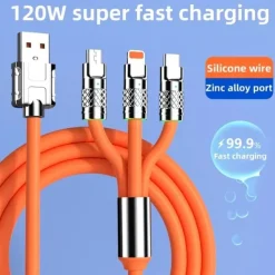 3.3ft 120W 3-In-1 Multi Fast Charging Nylon Braided Cable USB Charger Cord With 3 Different Ports (USB C/Micro/Lightning)
