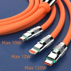 3.3ft 120W 3-In-1 Multi Fast Charging Nylon Braided Cable USB Charger Cord With 3 Different Ports (USB C/Micro/Lightning)